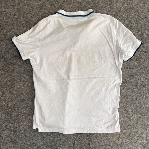 J Lindeberg Polo Shirt Men’s XL SLIM Fit White Blue Trim Short Sleeve Stain READ - Picture 4 of 8